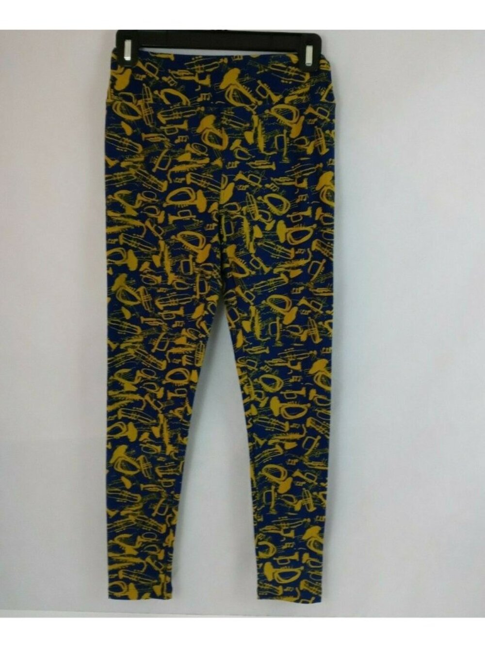 New LuLaRoe One Size Leggings Blue With Gold Trumpets Design